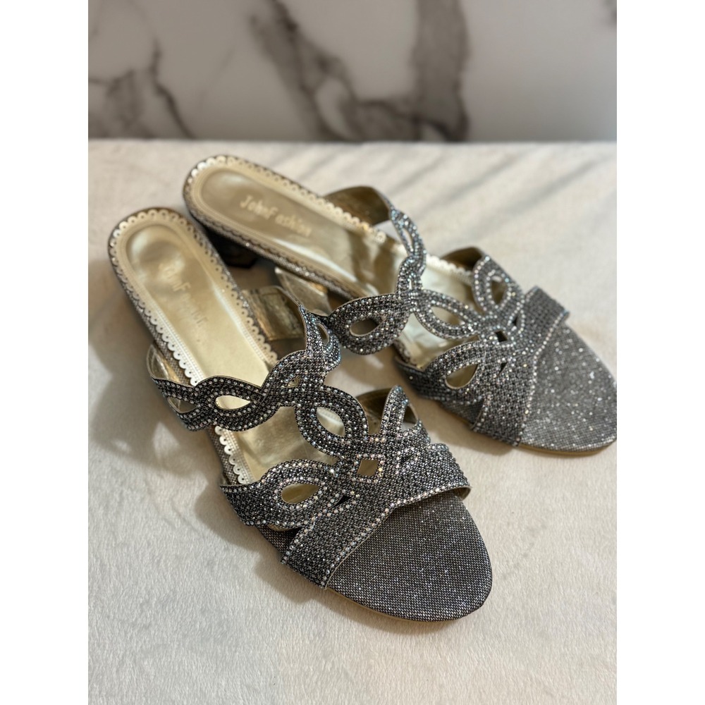 John Fashion Rhinestone Mules Women's 12 Silver Block Heel Dress Glam Party